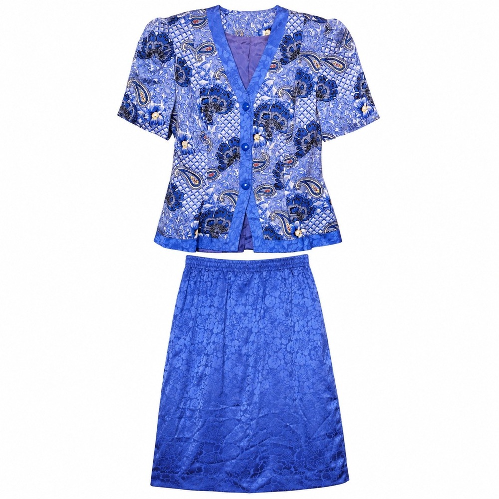 Spenser Jeremy Vintage Blue Silk Paisley Skirt Set Floral 2 Piece Suit Size 8